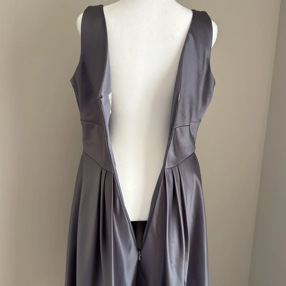Bill Levkoff Dress Size 14 Satin Gray Charcoal Gunmetal V Neck Knee Length - Picture 7 of 8
